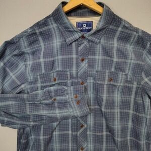 NorthCrest Men L Blue Button Down Roll Tab Sleeve Plaid Cotton Woven Shirt